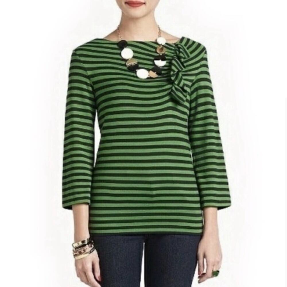 KATE SPADE | Cameo Green and Navy‎ Blue Striped Front Crinkle Shirt Top Size XS